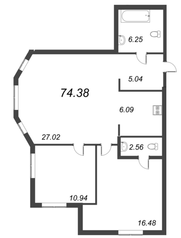 3-комнатная (Евро) квартира, 74.38 м² - планировка, фото №1