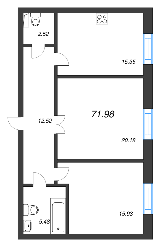 3-комнатная (Евро) квартира, 71.9 м² в ЖК "Neva Haus" - планировка, фото №1