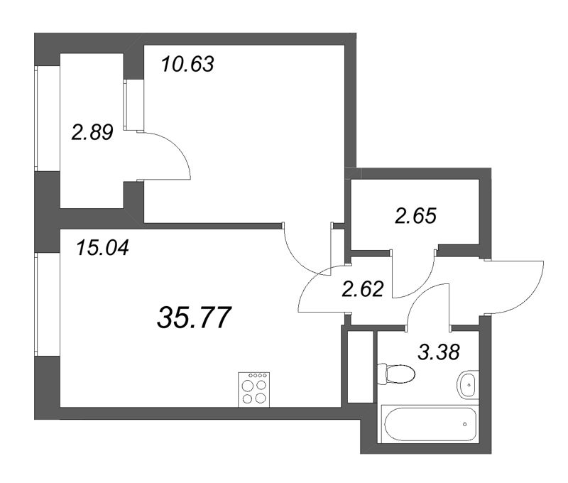 2-комнатная (Евро) квартира, 35.77 м² в ЖК "Аурум" - планировка, фото №1