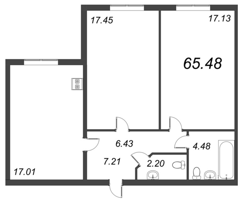 3-комнатная (Евро) квартира, 65.48 м² в ЖК "Bereg. Курортный" - планировка, фото №1