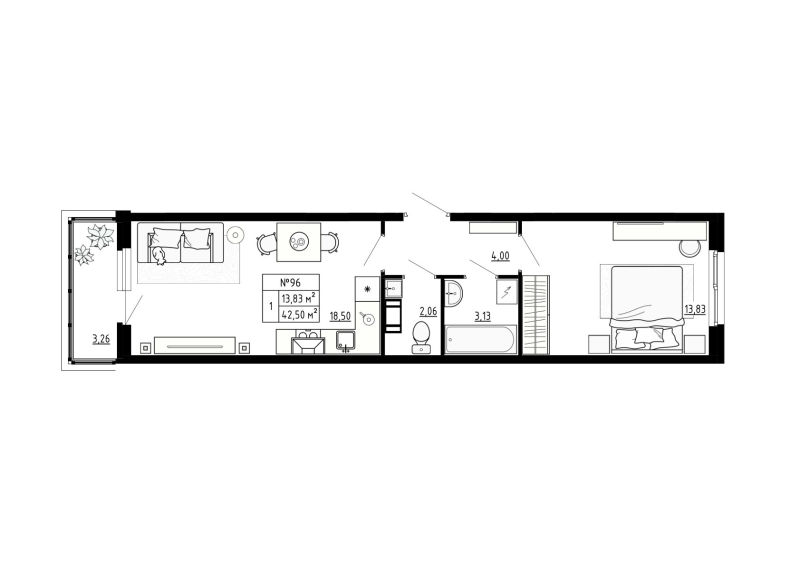 2-комнатная (Евро) квартира, 42.5 м² - планировка, фото №1