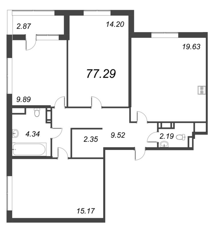 4-комнатная (Евро) квартира, 77.29 м² - планировка, фото №1