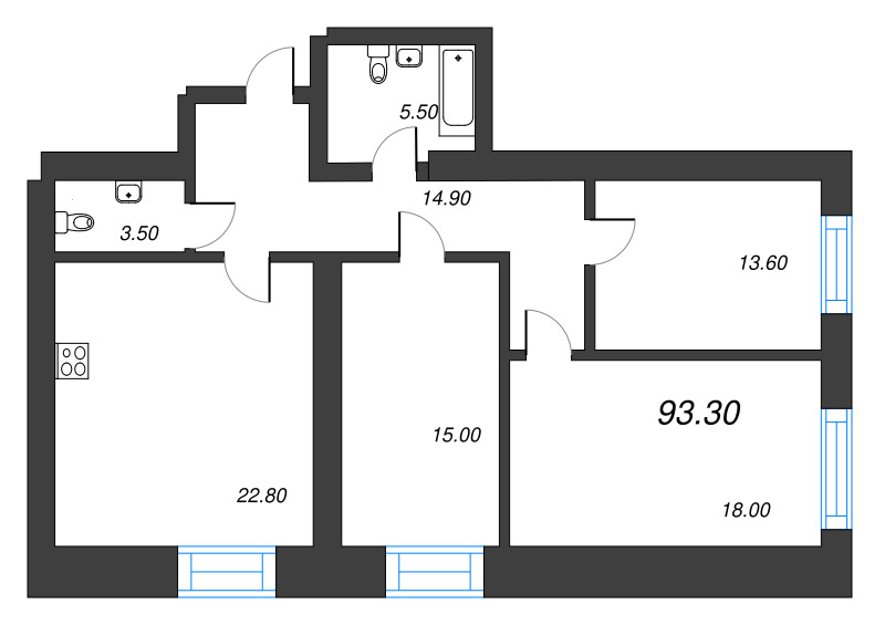 3-комнатная (Евро) квартира, 93.3 м² в ЖК "Листва" - планировка, фото №1