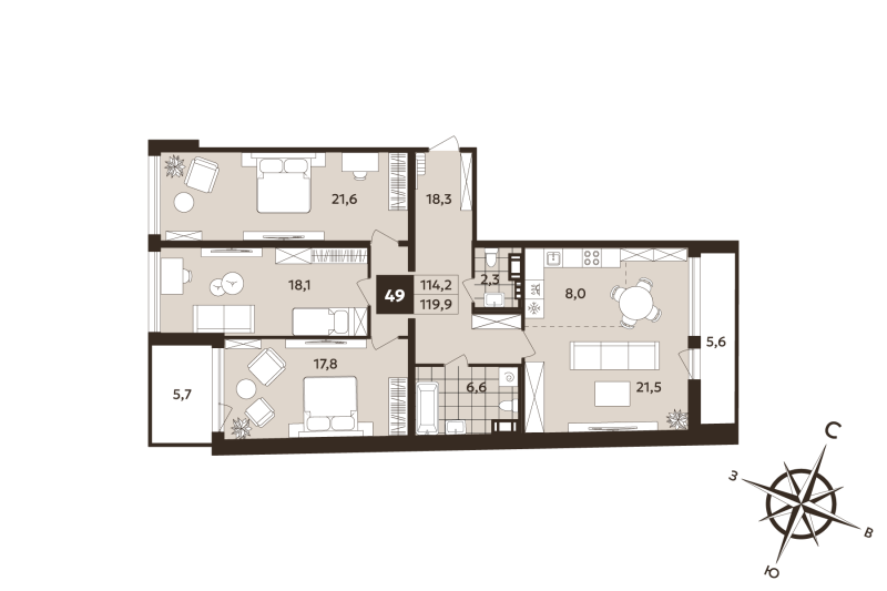 4-комнатная (Евро) квартира, 114.2 м² в ЖК "Дом на Бронницкой" - планировка, фото №1