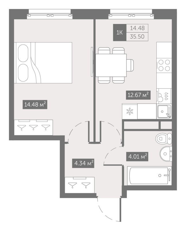1-комнатная квартира, 35.5 м² в ЖК "Zoom на Неве" - планировка, фото №1