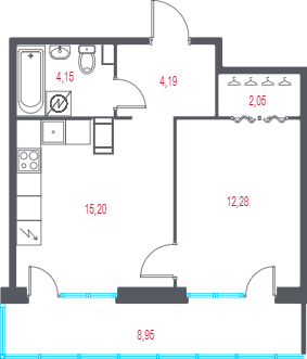 2-комнатная (Евро) квартира, 40.56 м² в ЖК "Город-спутник Южный" - планировка, фото №1