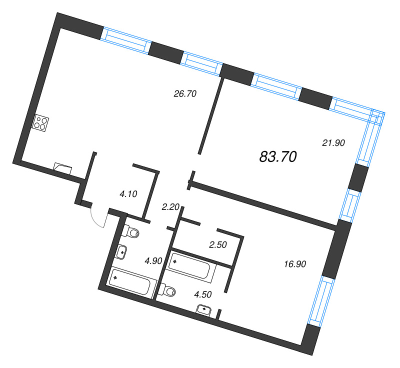 3-комнатная (Евро) квартира, 83.7 м² - планировка, фото №1