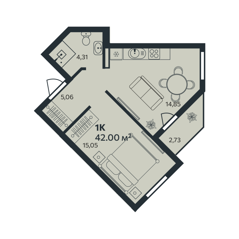 1-комнатная квартира, 42 м² в ЖК "Эдельвейс.Янино" - планировка, фото №1