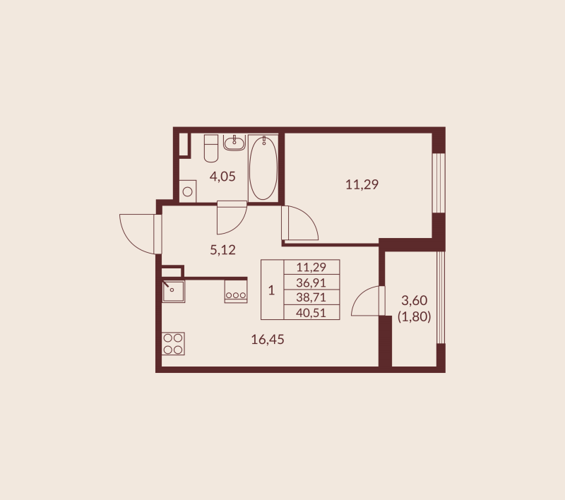 2-комнатная (Евро) квартира, 38.71 м² в ЖК "Амурино" - планировка, фото №1