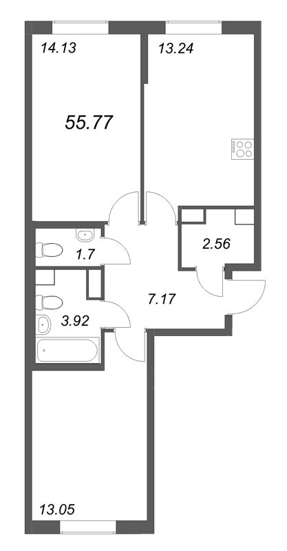 2-комнатная квартира, 55.77 м² в ЖК "Кинопарк" - планировка, фото №1