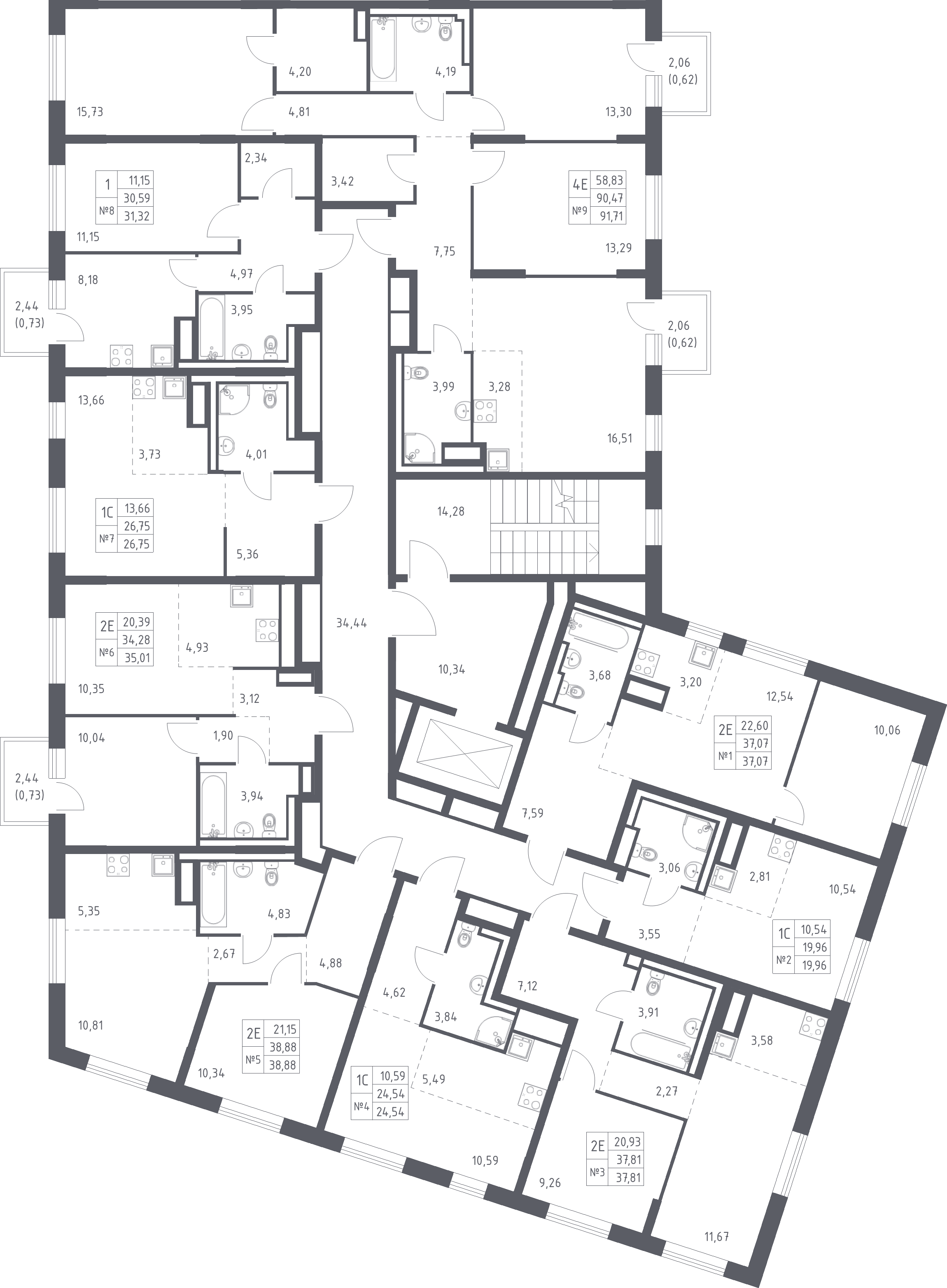 2-комнатная (Евро) квартира, 37.07 м² - планировка этажа