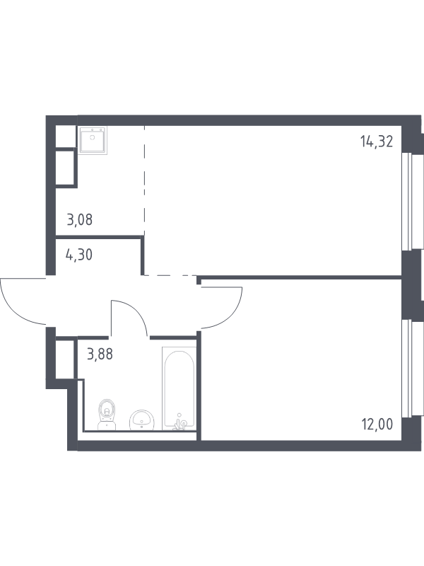 2-комнатная (Евро) квартира, 37.58 м² в ЖК "Новые Лаврики" - планировка, фото №1