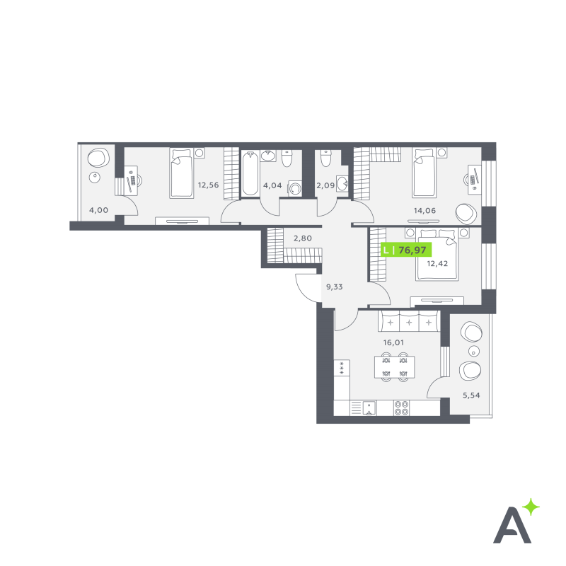 4-комнатная (Евро) квартира, 77.2 м² в ЖК "Аквилон Verba" - планировка, фото №1