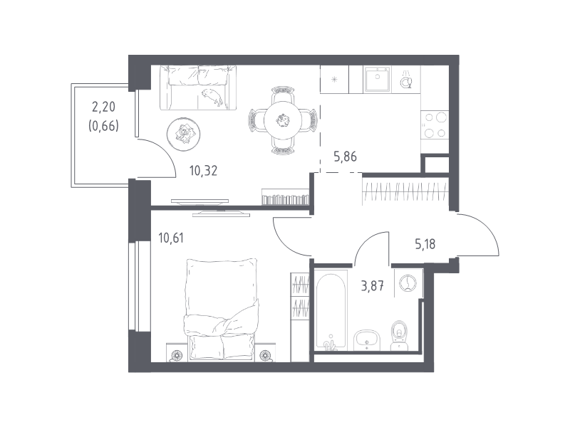 2-комнатная (Евро) квартира, 36.5 м² в ЖК "Живи! В Рыбацком" - планировка, фото №1