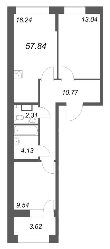 3-комнатная (Евро) квартира, 57.84 м² в ЖК "Аквилон Солар Парк" - планировка, фото №1
