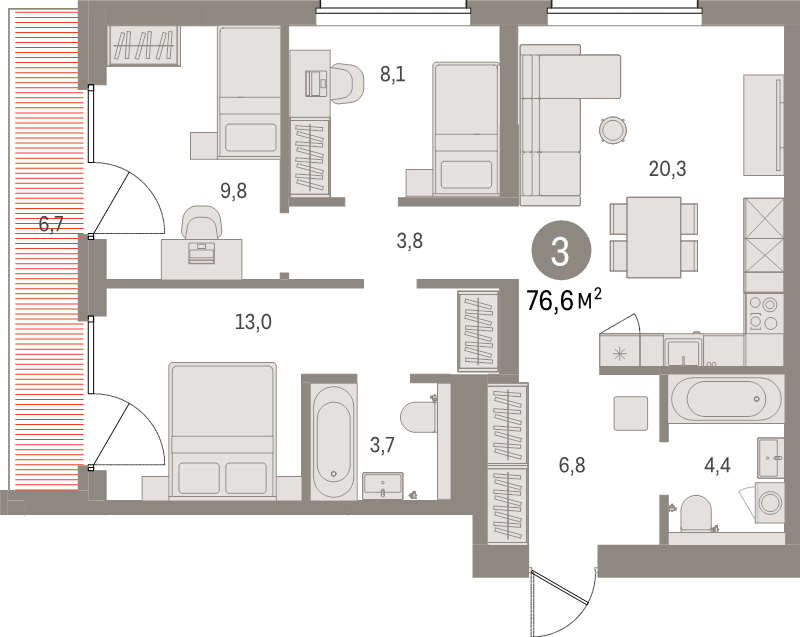3-комнатная (Евро) квартира, 76.6 м² в ЖК "Северный ветер" - планировка, фото №1