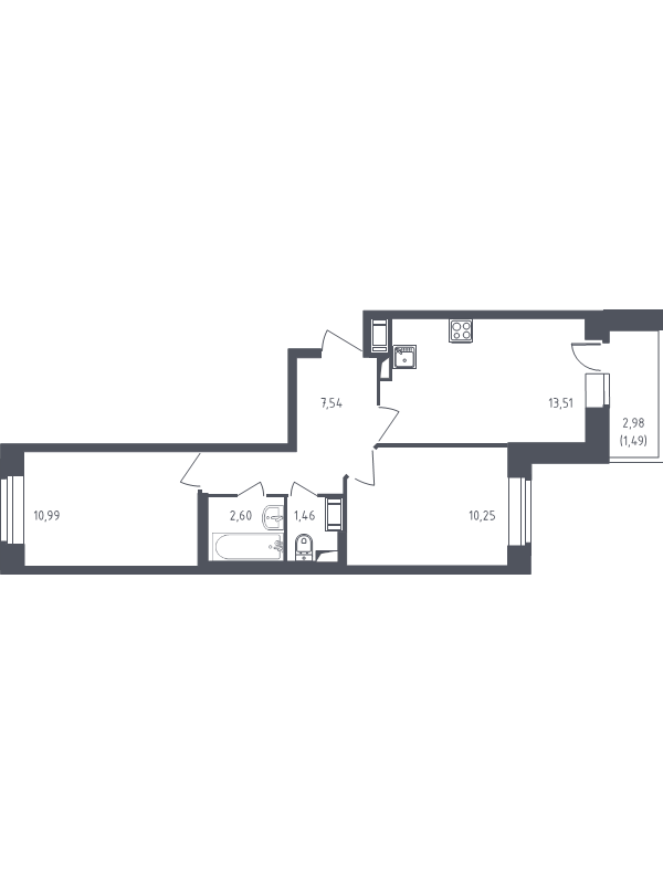 2-комнатная квартира, 48.2 м² - планировка, фото №1