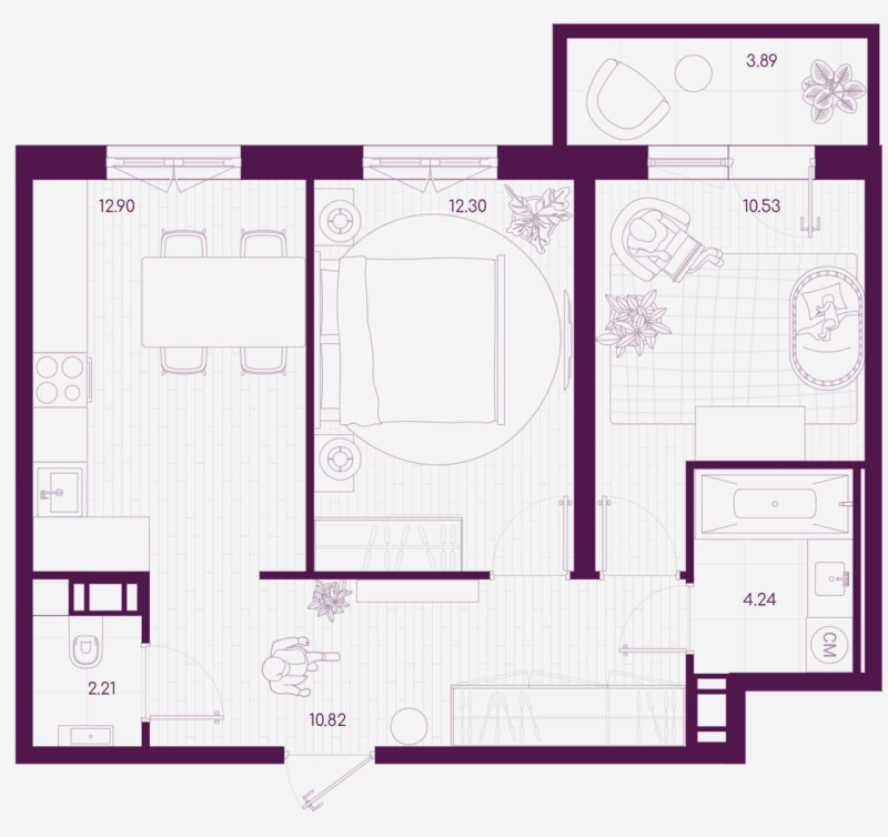 2-комнатная квартира, 54.17 м² - планировка, фото №1