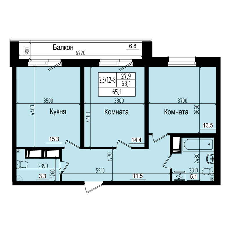 2-комнатная квартира, 65.1 м² - планировка, фото №1