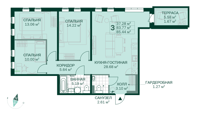 4-комнатная (Евро) квартира, 85.44 м² в ЖК "Magnifika Lifestyle" - планировка, фото №1