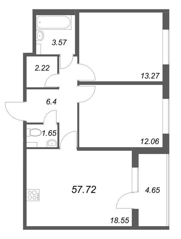 3-комнатная (Евро) квартира, 57.72 м² в ЖК "Любоград" - планировка, фото №1