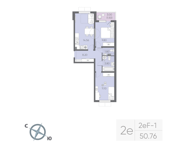 2-комнатная квартира, 50.76 м² в ЖК "Ручьи" - планировка, фото №1