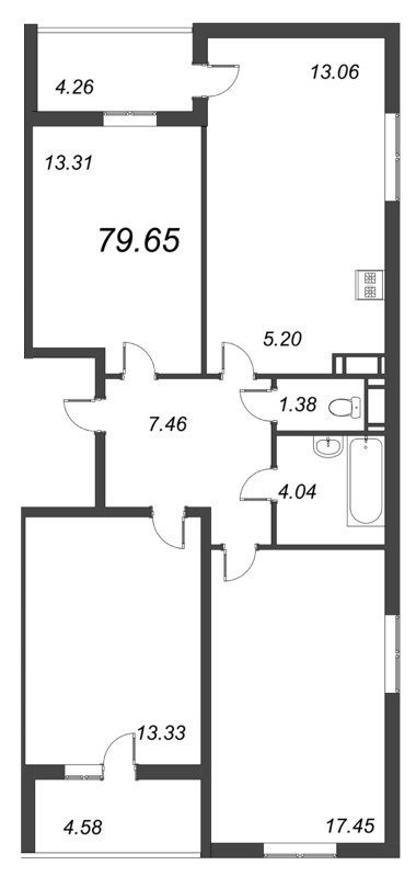 4-комнатная (Евро) квартира, 78.7 м² в ЖК "Морская набережная" - планировка, фото №1