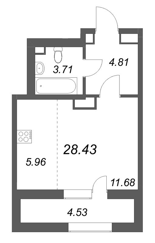 Квартира-студия, 28.43 м² в ЖК "Аквилон Solar" - планировка, фото №1