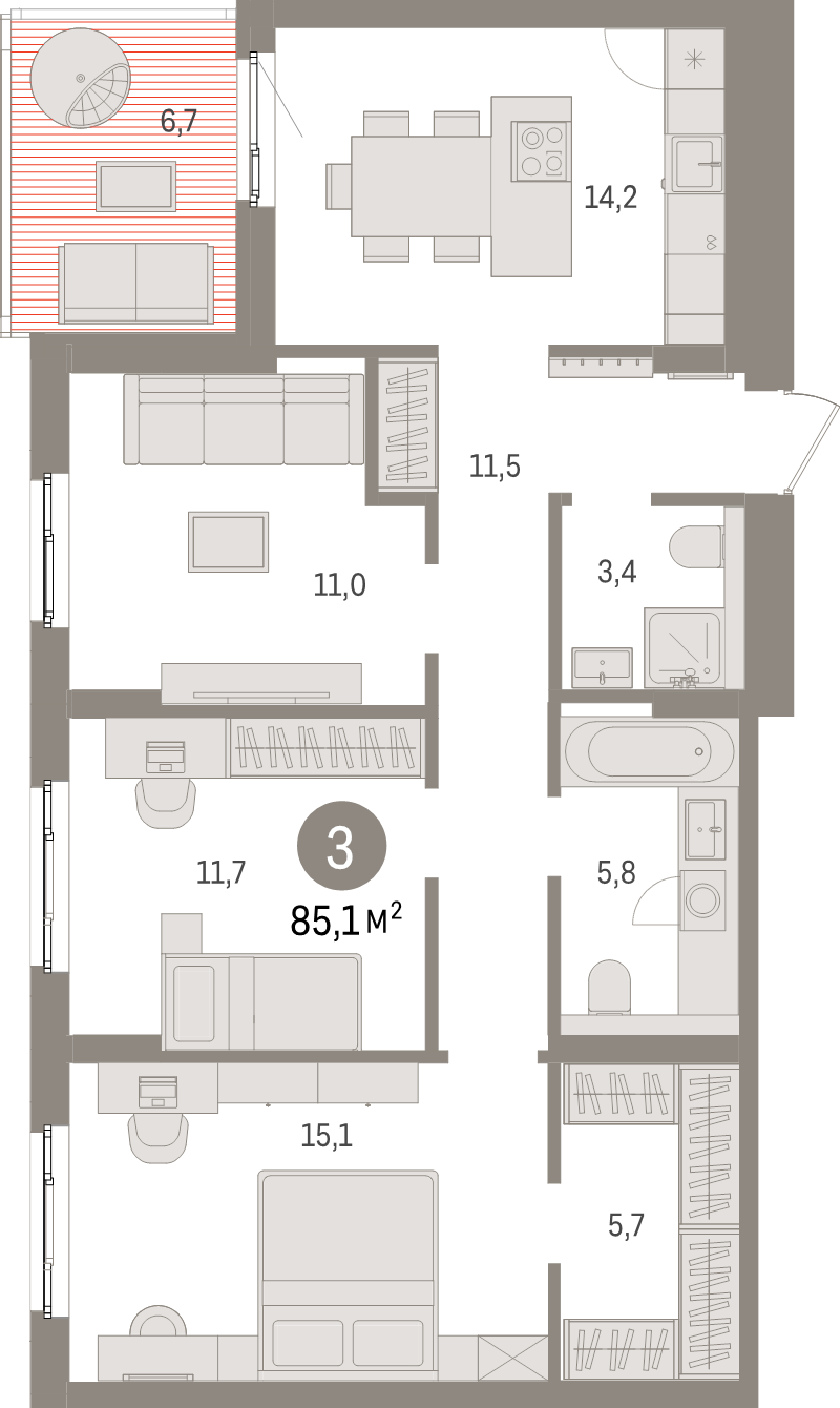 3-комнатная квартира, 85.1 м² в ЖК "Брусника в Новоселье" - планировка, фото №1