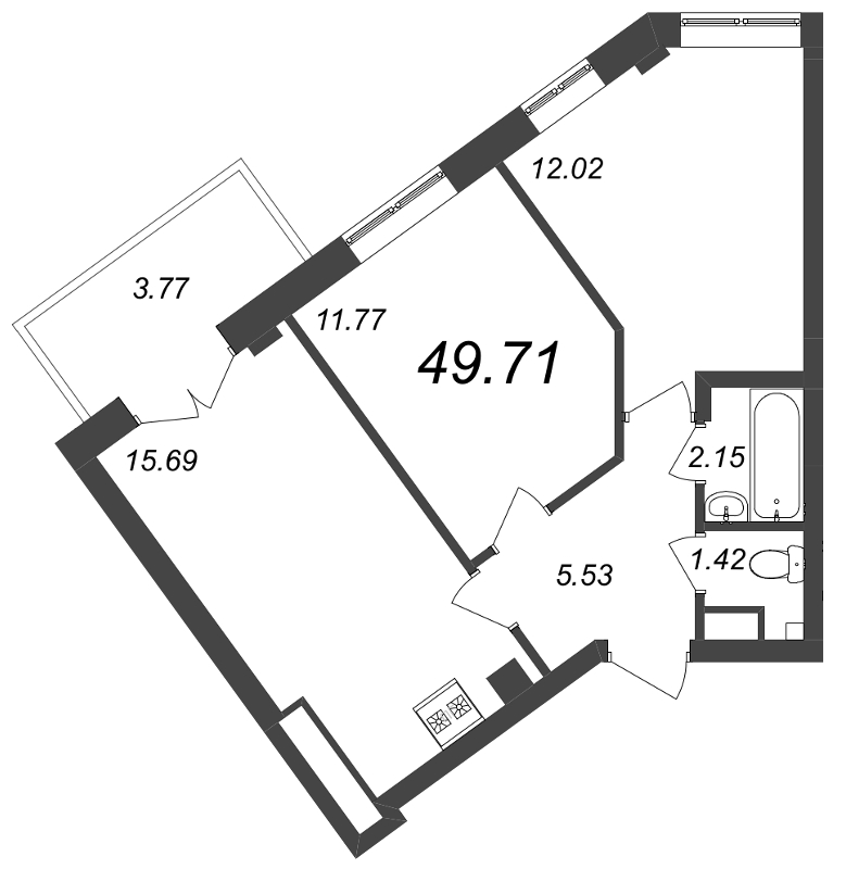 3-комнатная (Евро) квартира, 49.71 м² - планировка, фото №1