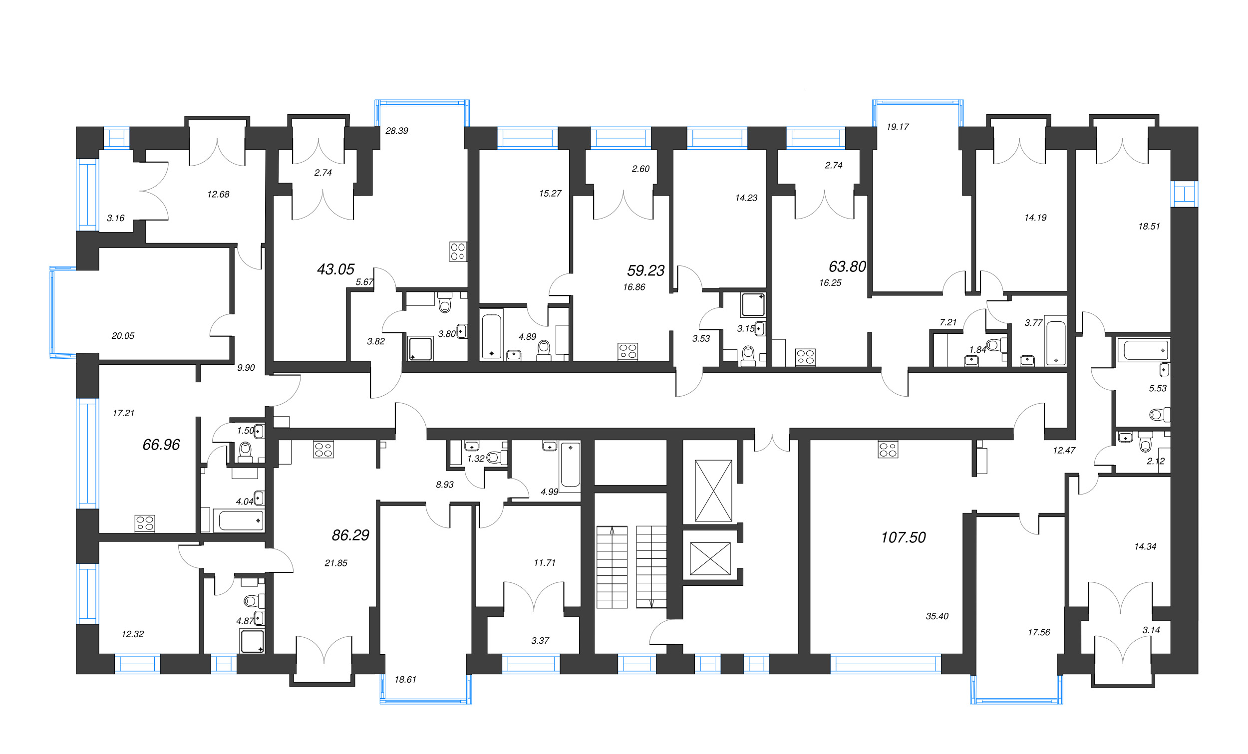 1-комнатная квартира, 43.05 м² - планировка этажа