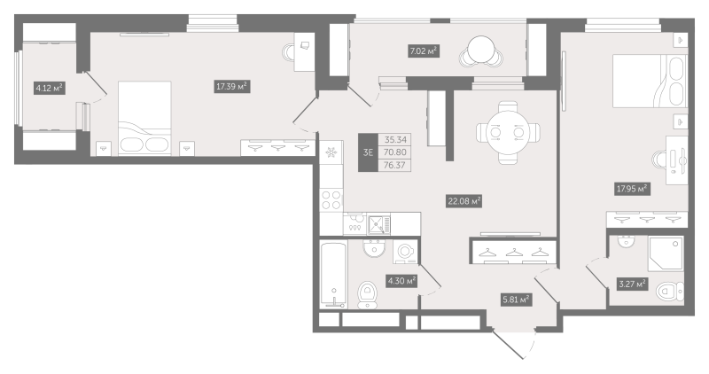 3-комнатная (Евро) квартира, 76.37 м² в ЖК "Квартал «Воронцовский»" - планировка, фото №1