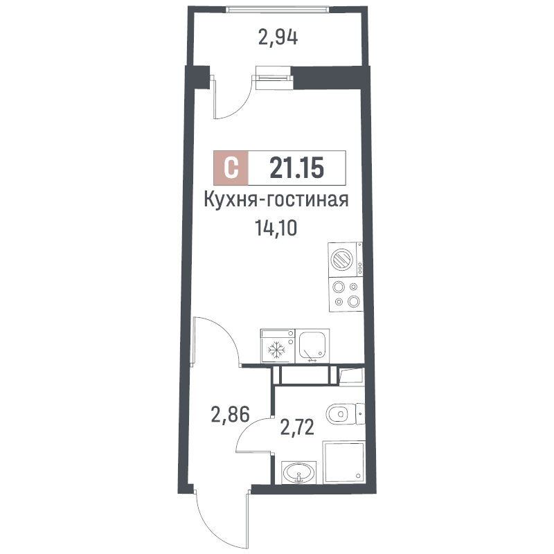 Квартира-студия, 21.15 м² в ЖК "Авиатор" - планировка, фото №1
