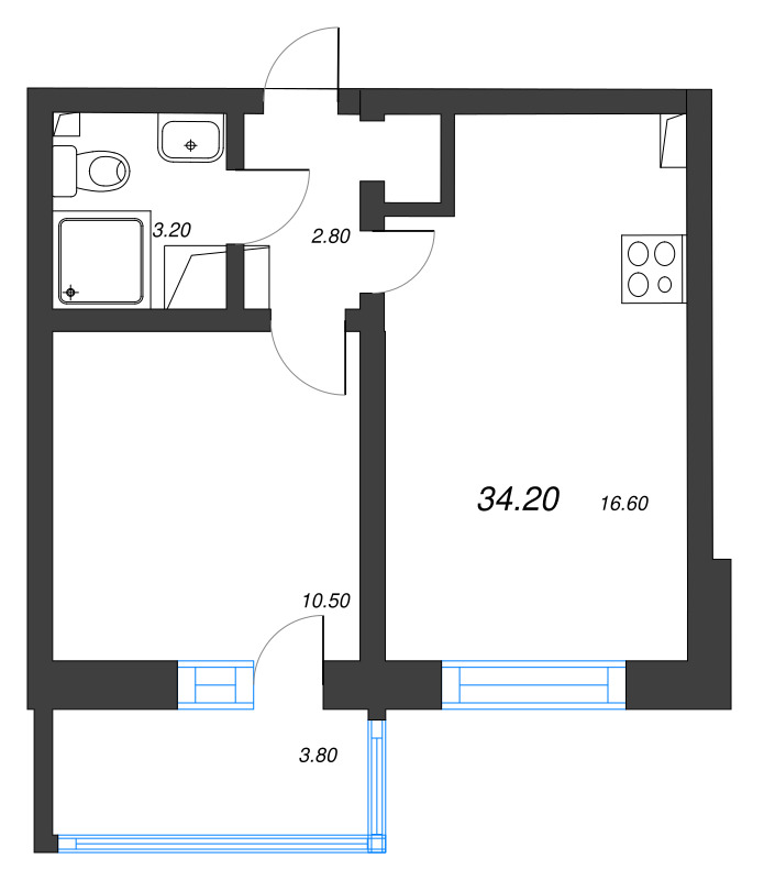 2-комнатная (Евро) квартира, 34.2 м² - планировка, фото №1