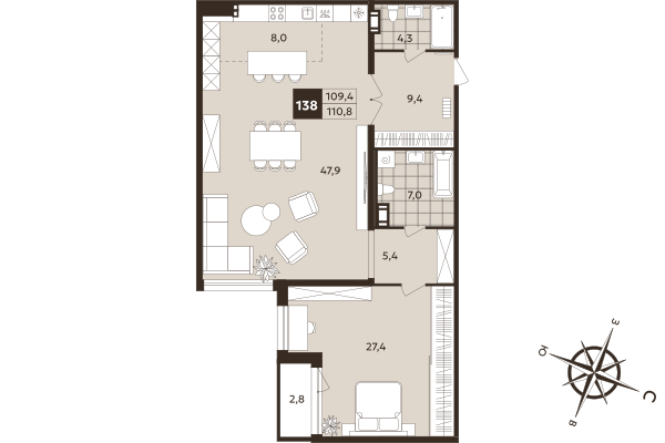 2-комнатная (Евро) квартира, 109.4 м² в ЖК "Дом на Бронницкой" - планировка, фото №1