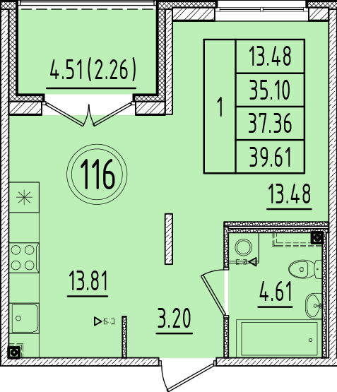 1-комнатная квартира, 35.1 м² в ЖК "Образцовый квартал 6.4" - планировка, фото №1
