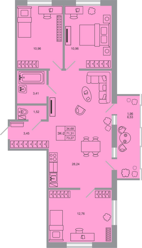 4-комнатная (Евро) квартира, 73.27 м² - планировка, фото №1