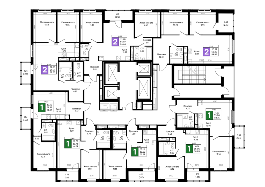 3-комнатная (Евро) квартира, 58.56 м² в ЖК "Имена" - планировка этажа