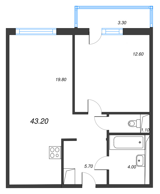 2-комнатная (Евро) квартира, 43.2 м² в ЖК "Руднева 15" - планировка, фото №1