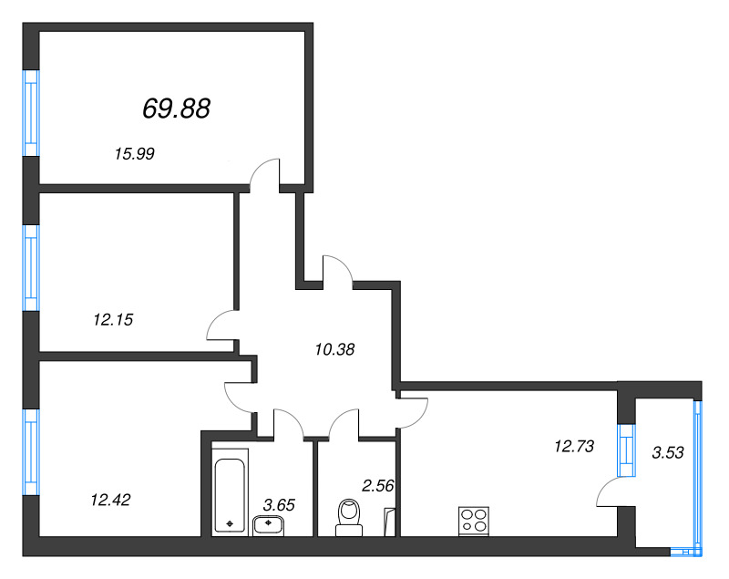 3-комнатная квартира, 69.88 м² в ЖК "Любоград" - планировка, фото №1