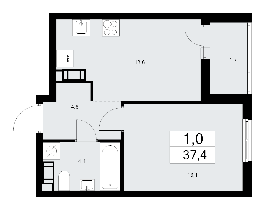 1-комнатная квартира, 37.4 м² в ЖК "А101 Лаголово" - планировка, фото №1