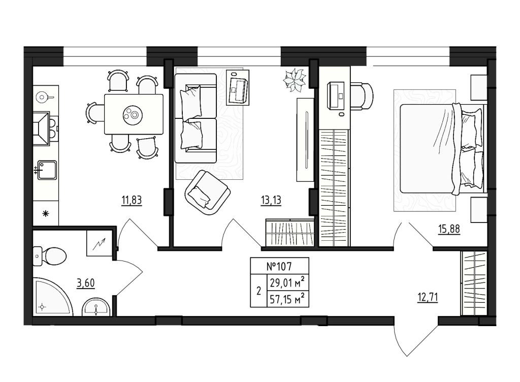 2-комнатная квартира, 57.15 м² - планировка, фото №1