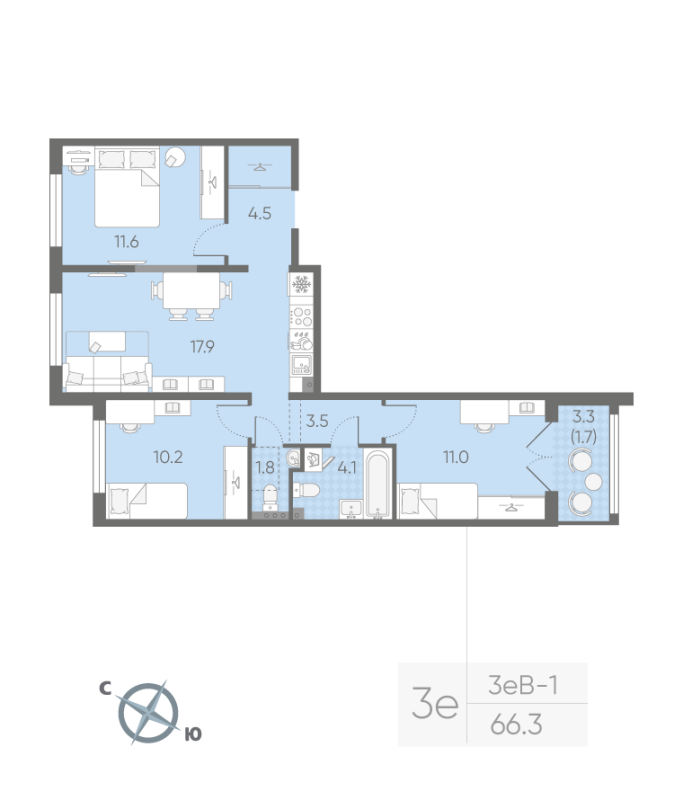 4-комнатная (Евро) квартира, 66.3 м² в ЖК "Пулково Lake" - планировка, фото №1