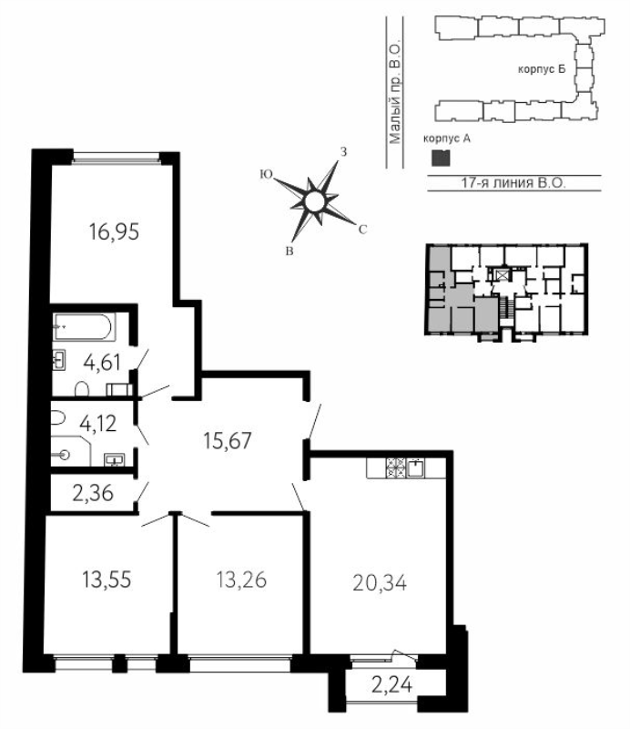 4-комнатная (Евро) квартира, 91.53 м² в ЖК "17-я линия" - планировка, фото №1