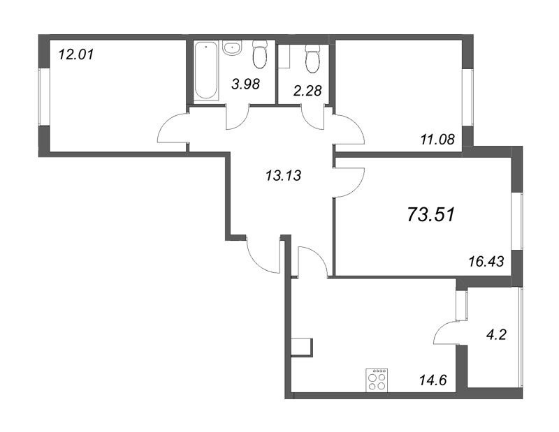 3-комнатная квартира, 73.51 м² в ЖК "Ясно.Янино" - планировка, фото №1