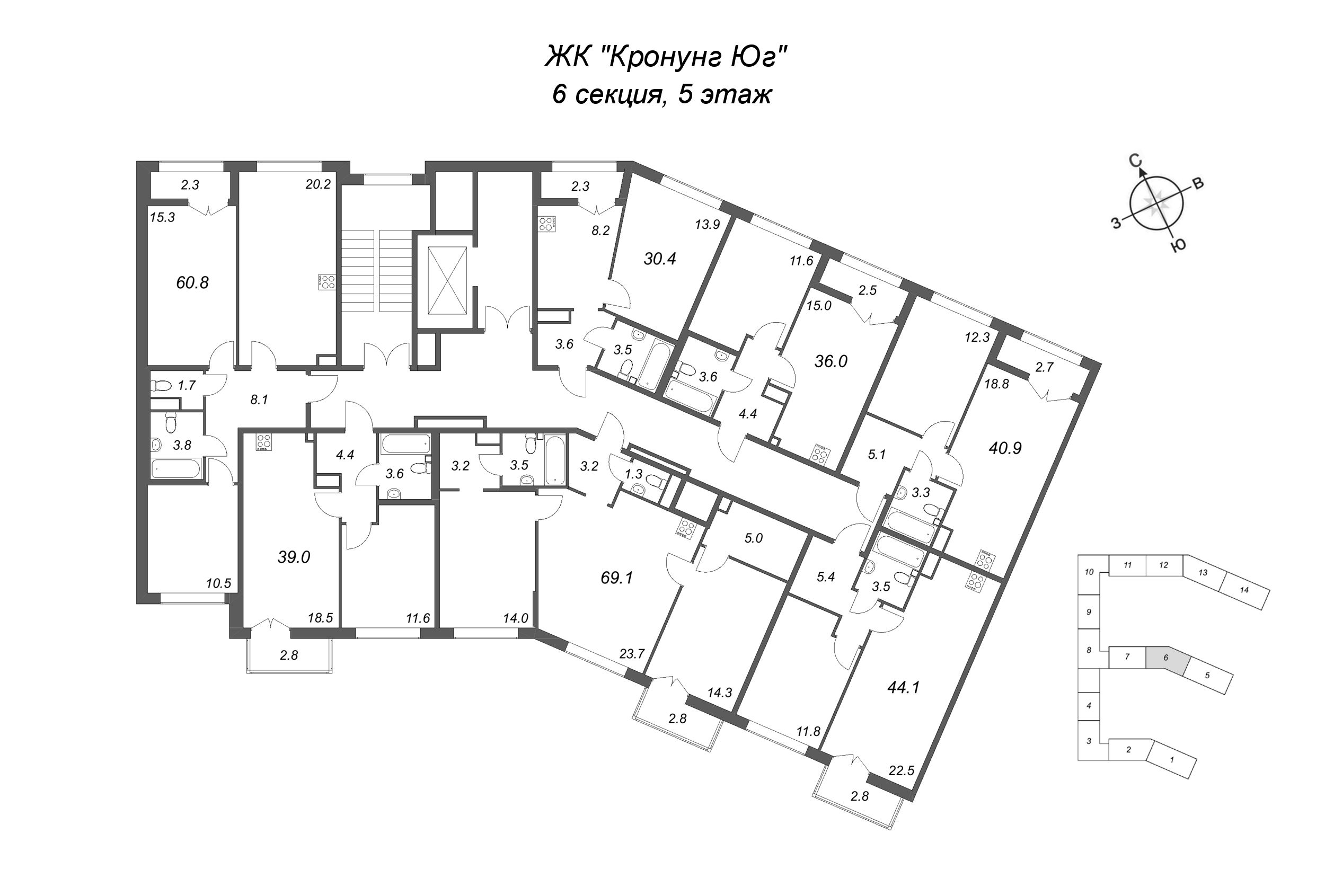 1-комнатная квартира, 30.4 м² в ЖК "Кронунг ЮГ" - планировка этажа