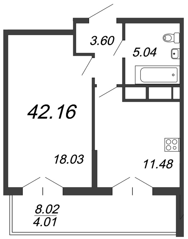 1-комнатная квартира, 42.16 м² - планировка, фото №1