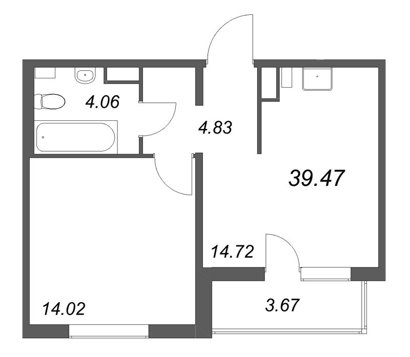 1-комнатная квартира, 39.47 м² в ЖК "Расцветай в Янино" - планировка, фото №1