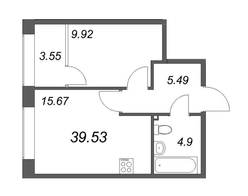 2-комнатная (Евро) квартира, 39.53 м² - планировка, фото №1