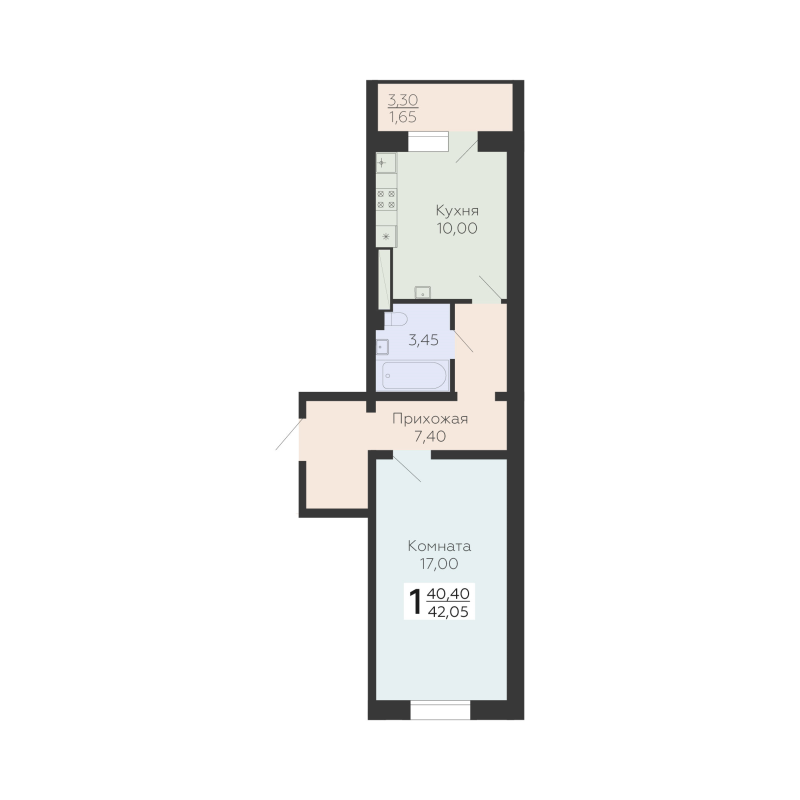1-комнатная квартира, 42.05 м² в ЖК "Ленский" - планировка, фото №1